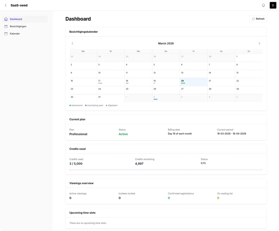 EasyViewing dashboard met bezichtigingskalender en overzicht