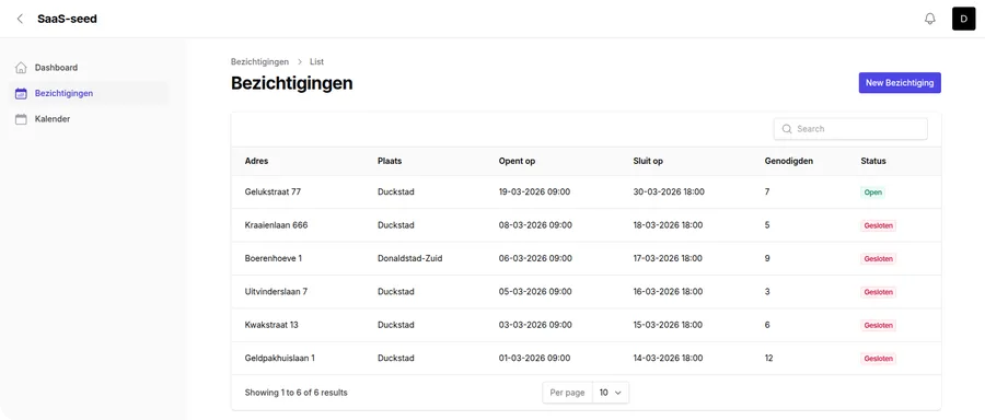 Overzicht van alle bezichtigingen zonder CRM